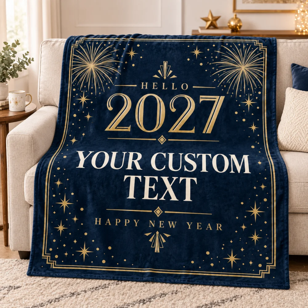Custom 2027 New Year Throw Blanket Personalized Text Firework Star Flannel Blanket New Year Home Decoration Gift