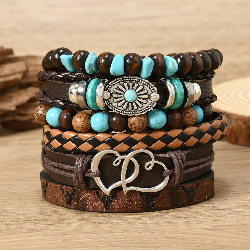 Vintage Feder Casual 6 Teil/satz Baum Handgemachte Männer Armbänder Männliche Frauen Leder Armbänder Männer Armreif Großhandel Schmuck Geschenk – Detail 4