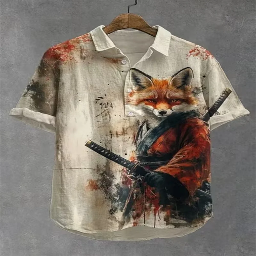 Men's Short Sleeve Polo Shirt Vintage Ukiyo-e Cat Floral Wave Print Lapel Collar Half Zip Casual Hawaiian Shirts Men Summer Beac