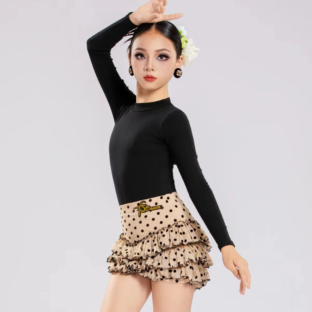 Children's Latin Dance Costume Girls Long Sleeve Bodysuit and Dot Print Cake Skirt Practice Training Class Uniform