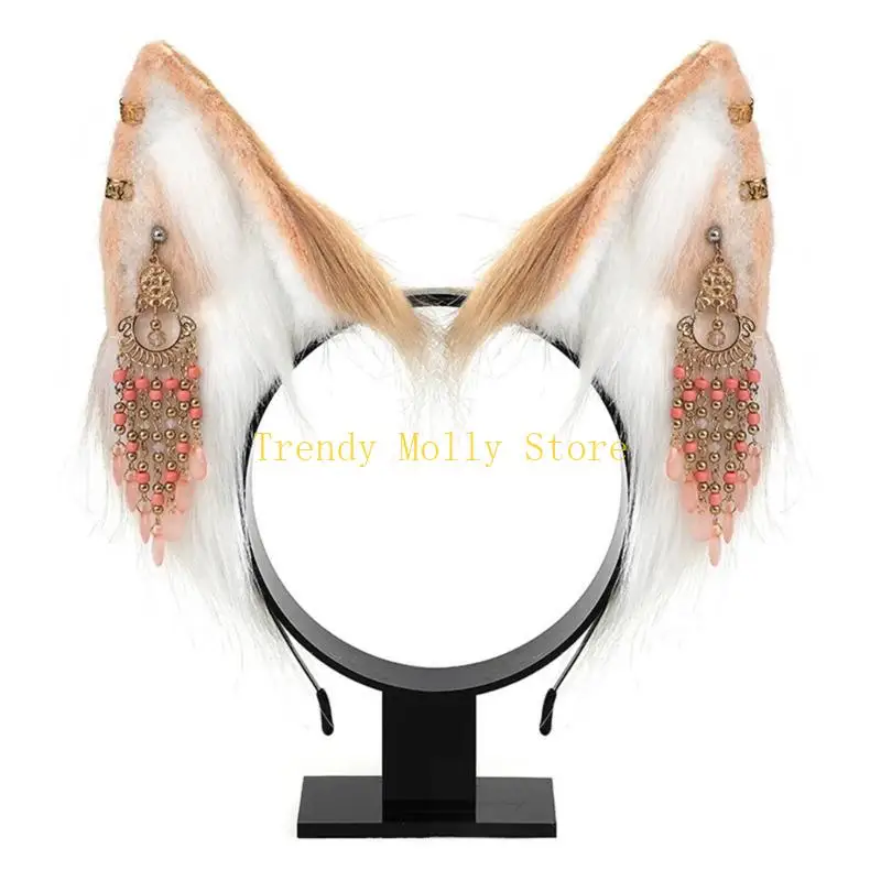 

N5KB Wolf Ear Cosplay Hair Hoop with Fringe Earring Woman Teens Headband for Live Broadcast Cartoon Carnivals Hairband