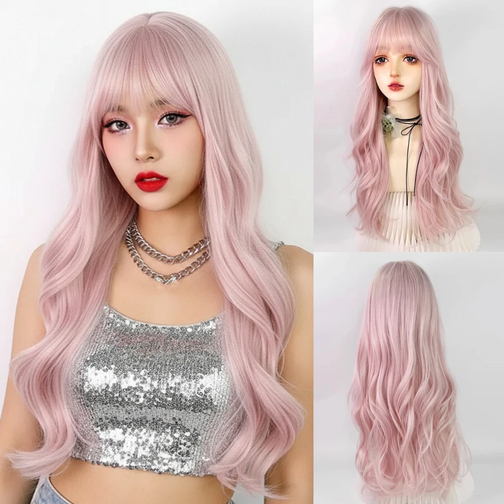 

VICWIG Women Wavy Light Pink Synthetic Wigs with Bangs Lolita Cosplay Fluffy Hair Wig for Daily Party