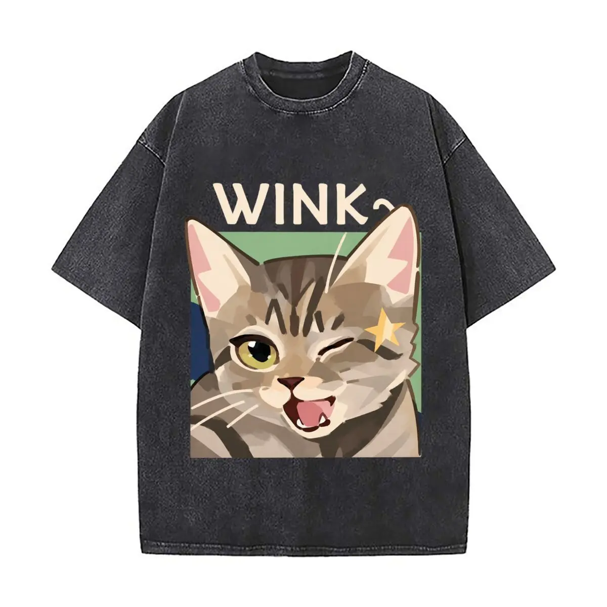 WINK Winking Cat With Yellow Star Illustration Vintage Distressed Loose Streetwear Tops