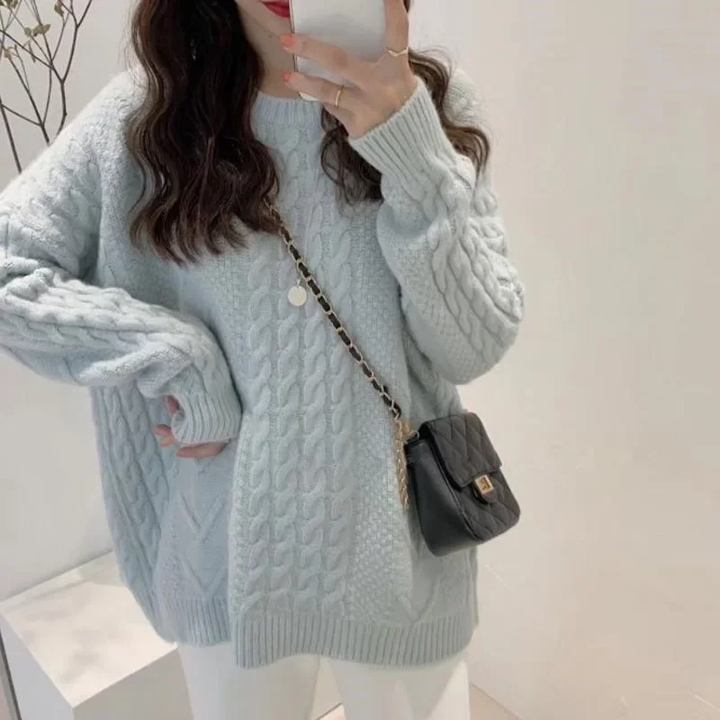Maglione da pescatore Casual allentato semplice da donna nuovo maglione lavorato a maglia con maniche a lanterna con scollo a o nuovo cardigan lavorato a maglia autunno inverno Chic