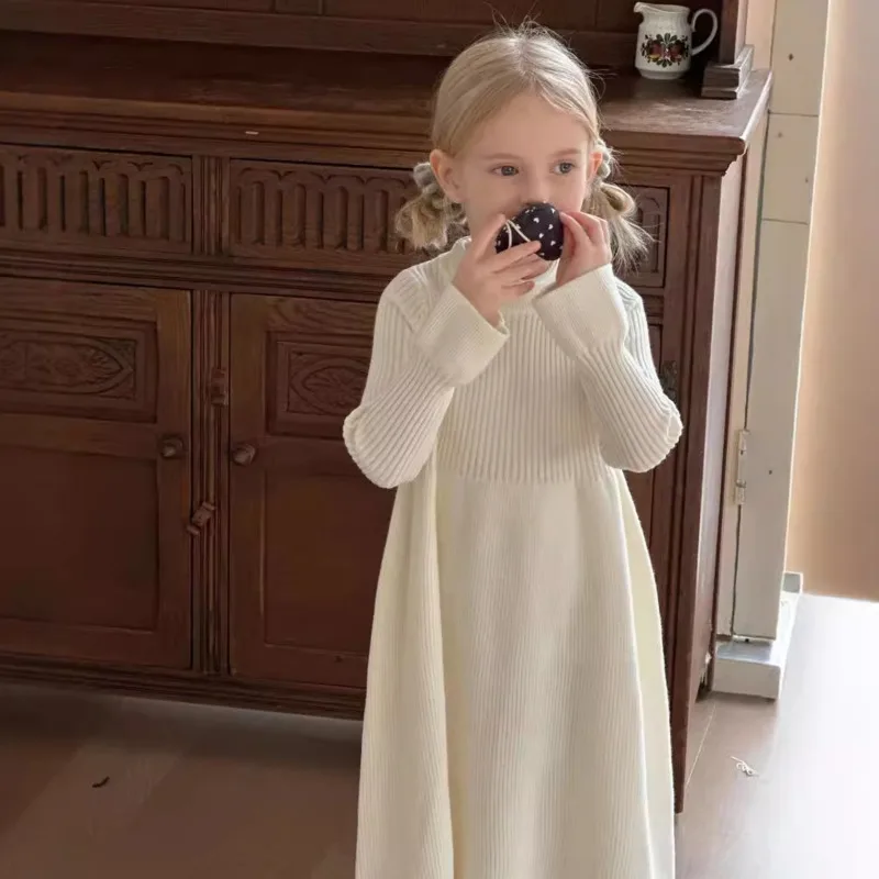 

2025 Autumn Winter Girls Dress Princess Children Kid Cotton Knitt Outfit Mid-Length Sweater Pullover Thick Warm 3-10 Years