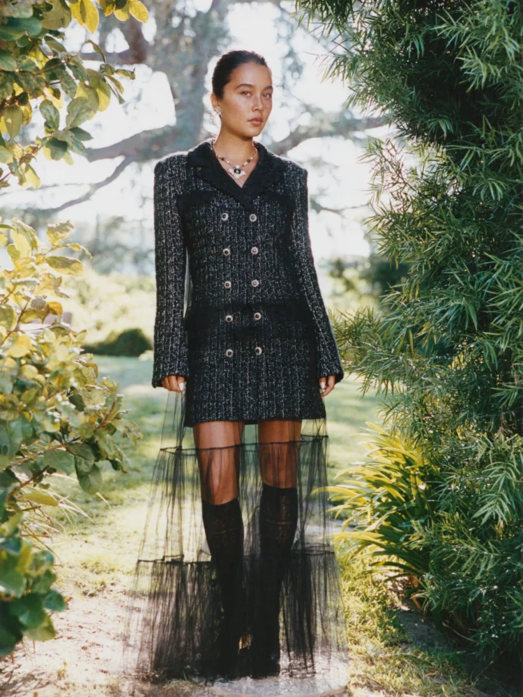Tweed Two Piece Blazer Dress - VC Damen-Blazer-Kleid-Set aus Tweed mit Mesh-Saum,