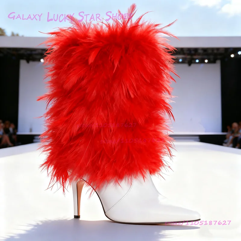 

Bright Red Calves Surrounded Long Feathers Calf Booties White Leather Pointed-Toe Stiletto Boots Concise Colors Girls Black Shoe