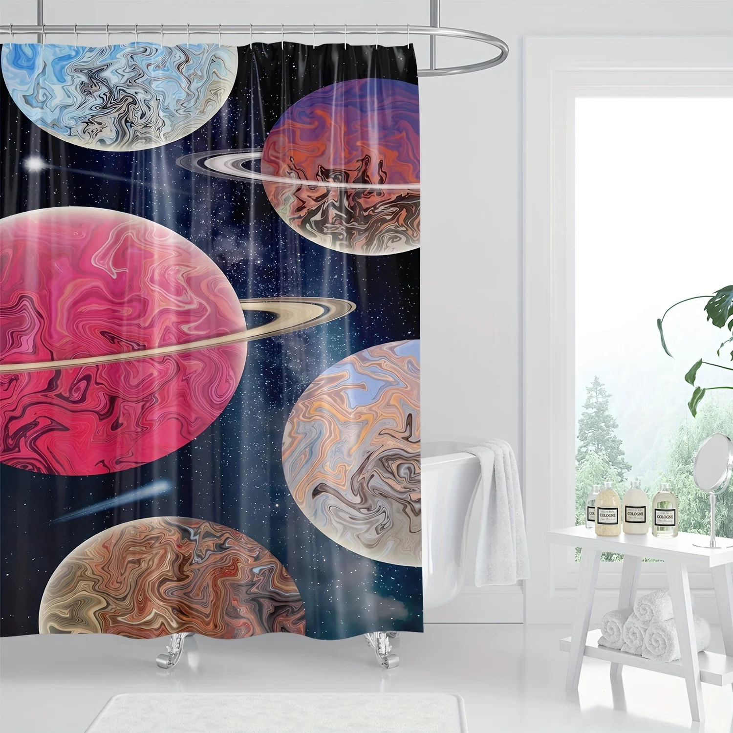 

1pc Trendy Planet Art Shower Curtain - Polyester, Vibrant Space-Themed Design with Hooks for Modern Bathrooms, Machine Washable