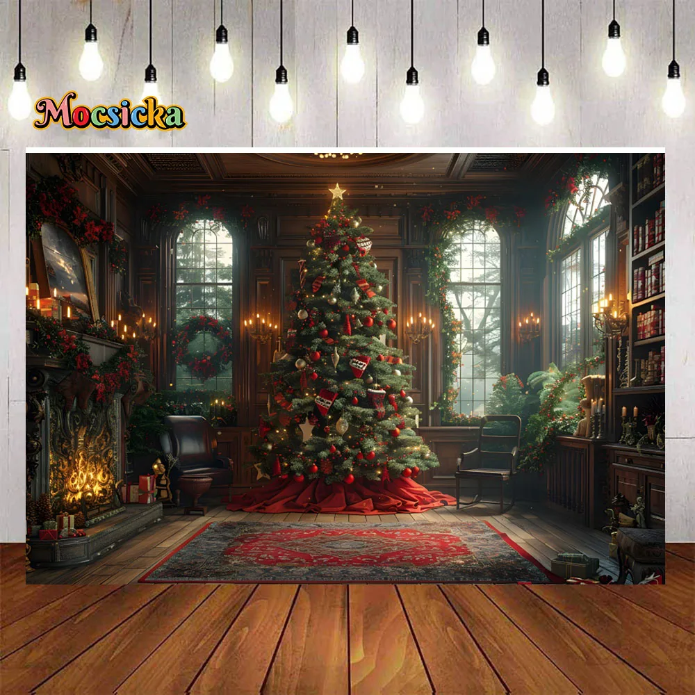 Mocsicka Christmas Room Photography Background Giant Xmas Tree Gift Window Fireplace Decor Backdrop Winter Kids Photo Studio