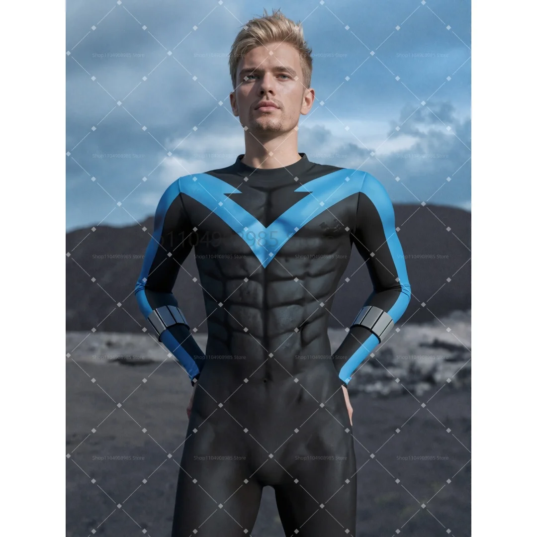 Superhero Men's Cosplay Cool Blue Black Tights Muscle Bodysuit Suit Carnival Party Performance Role Play Tights 2026 - view 3