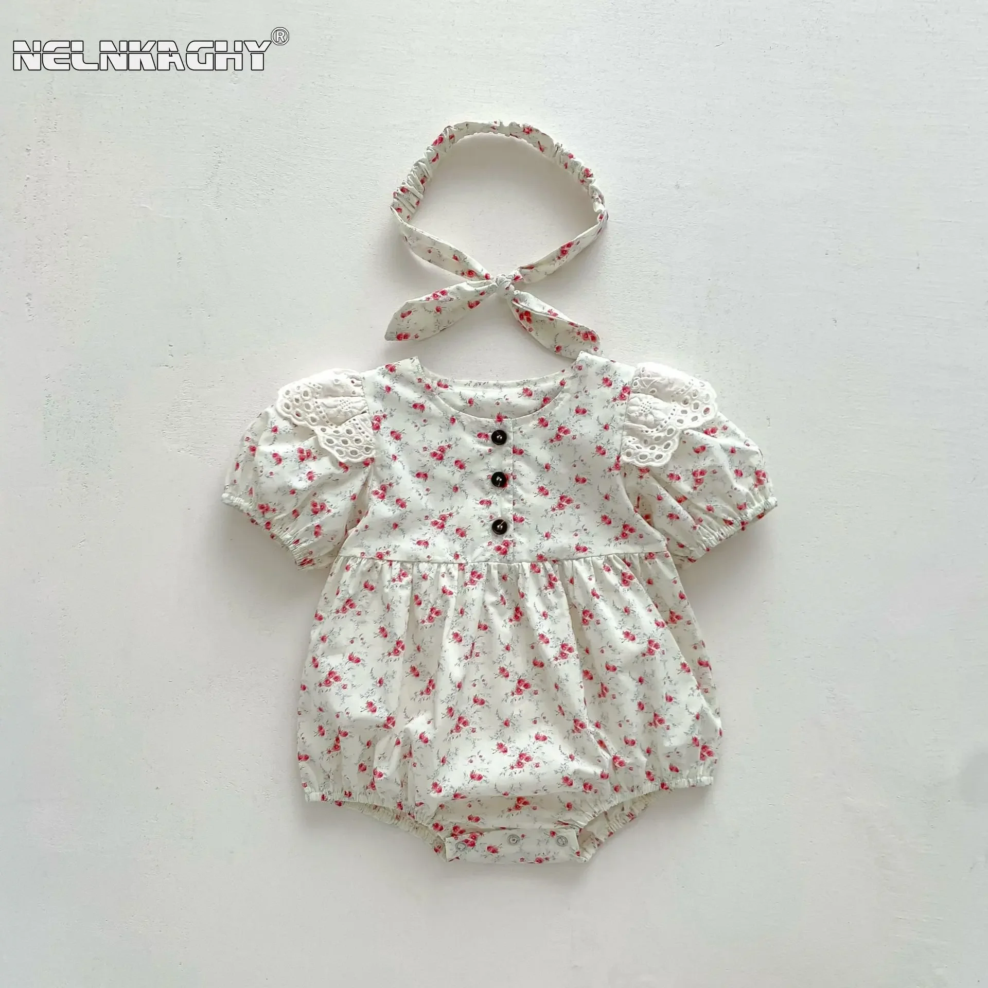 

newborn baby girls short sleeve floral patchwork lace outwear infant kids cotton clothing toddler bodysuit gift headbands 유아복