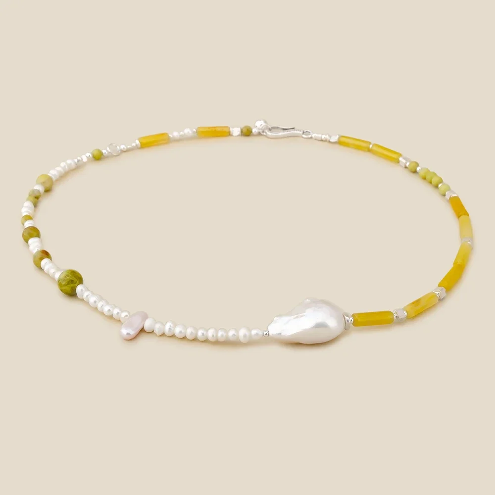 AB/ Handmade beaded fresh lemon Natural gemstone Pearl 925 silver necklace for women.