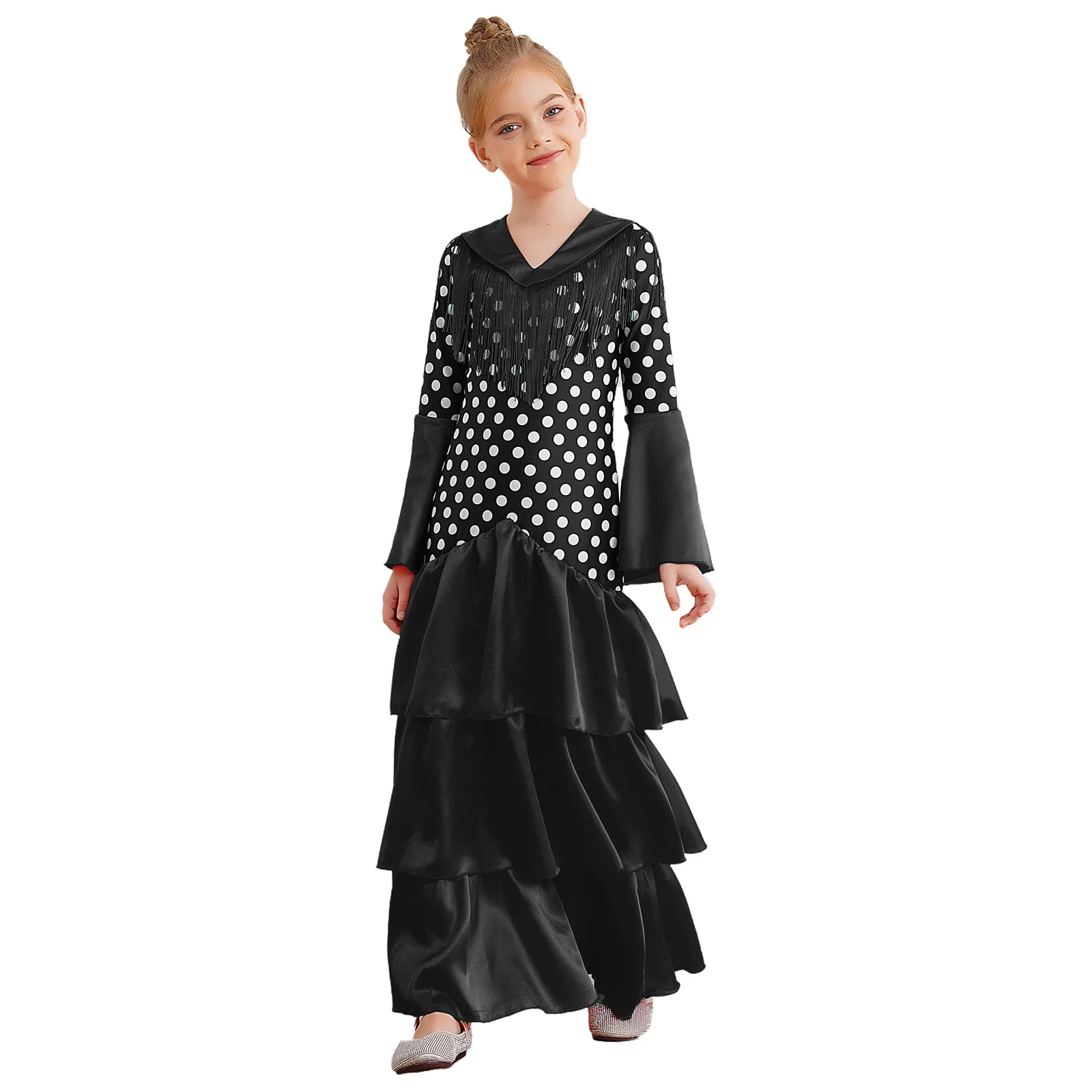 Kids Girls Flamenco Dance Dress V Neck Flared Sleeve Tiered Ruffle Dress Polka Dots Printed Dress Ballroom Performance Dancewear