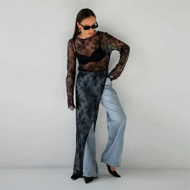 

Women's Fashion See-through Sexy Long Shirt Women's Long Sleeve Irregular Lace Pullover High Street Women's Versatile Dress 2024