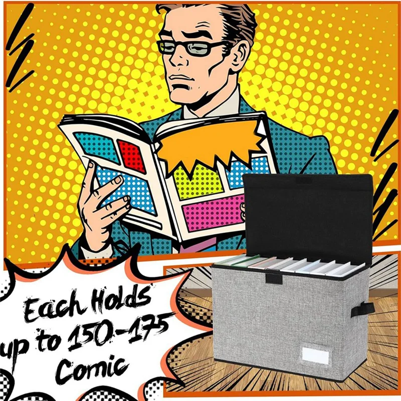 AT93-Book Bin Container Holds 150 Comics, Back To School Fold Comic Short Box Case With Lid, Comic Book Storage Boxes