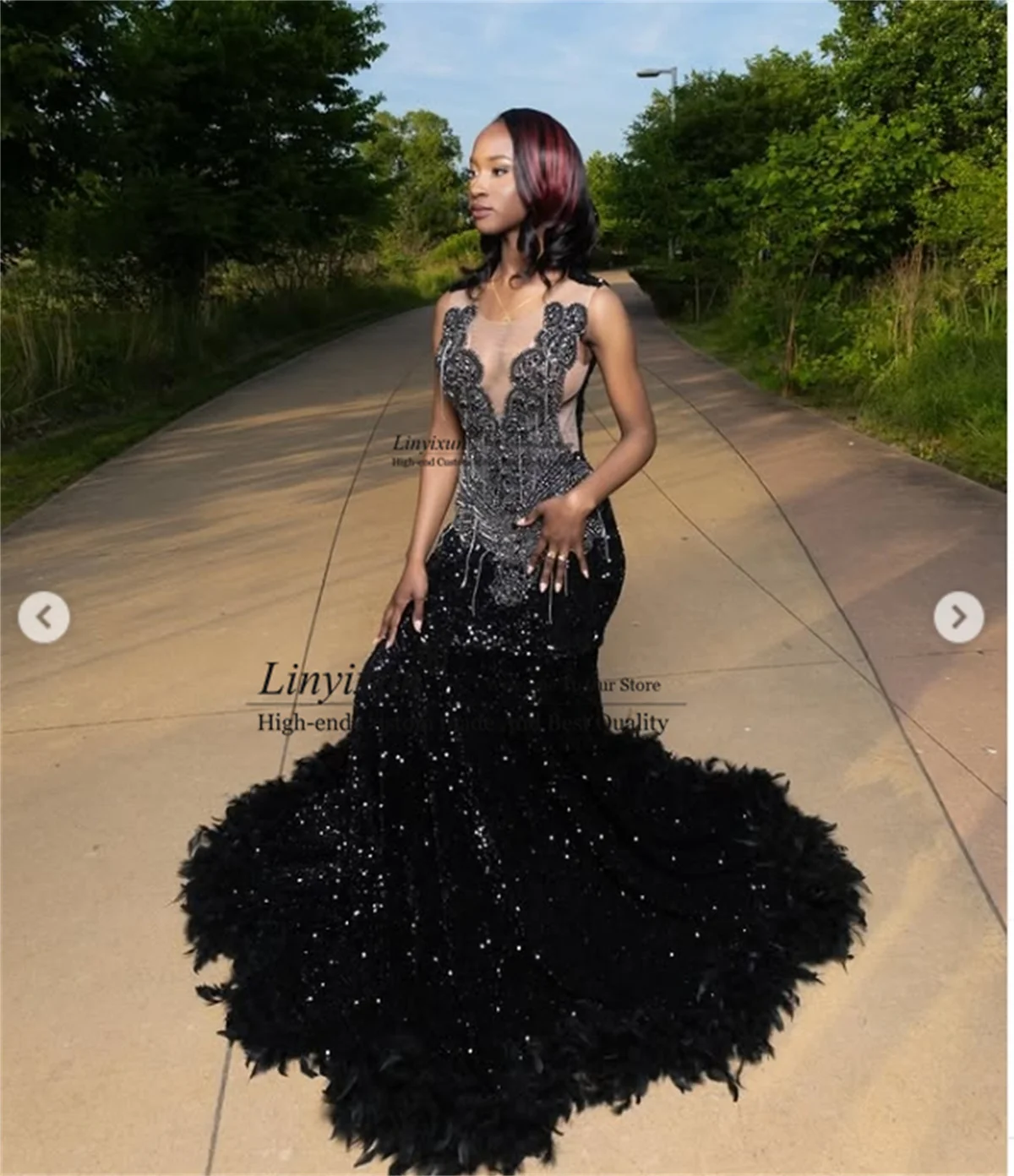 Sparkly Diamonds Mermaid Prom Dress Sheer Glitter Rhinestones Feathers Birthday Party Dress Customized Formal Evening Gala Gown