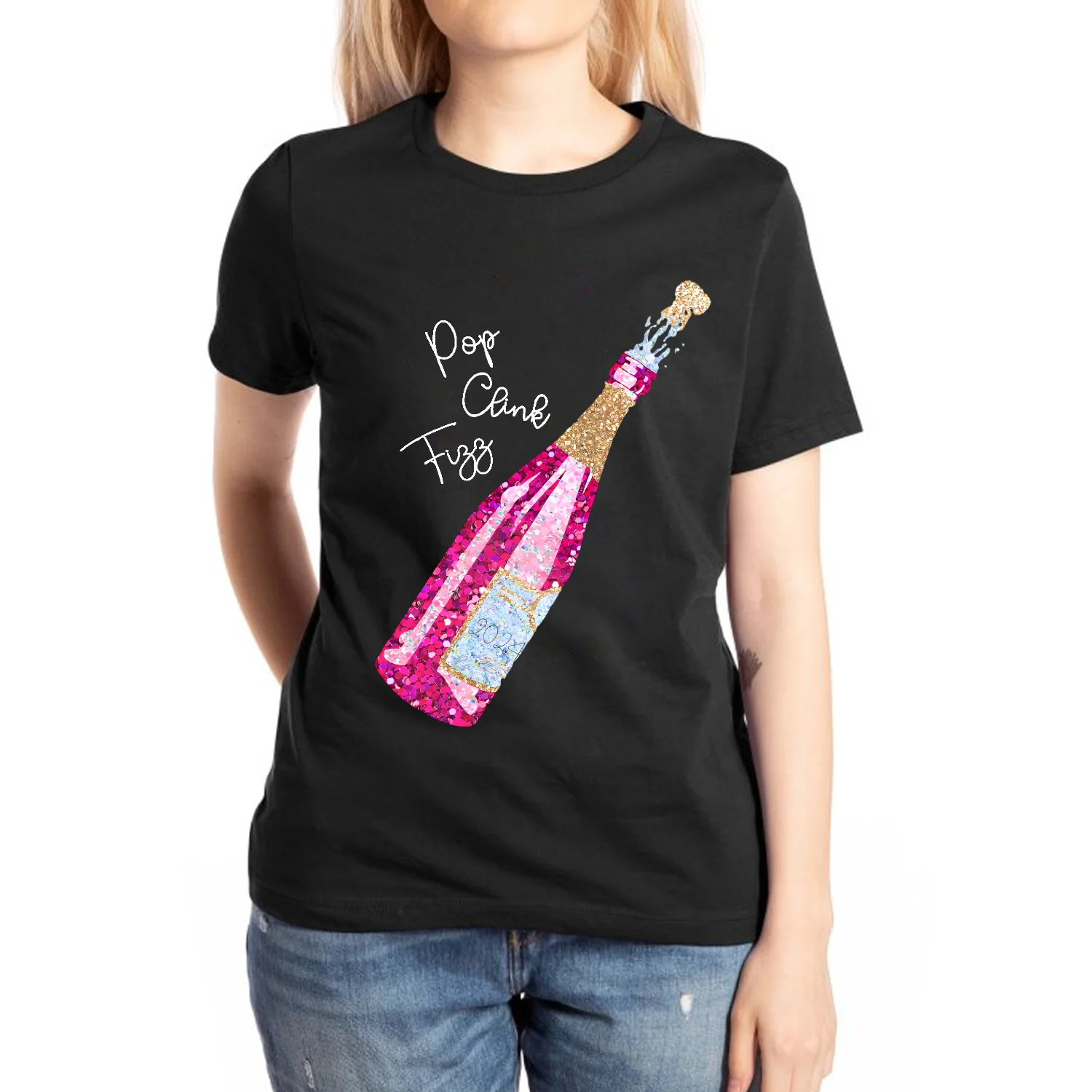 Pop Clink Fizz Tshirt Champagne Bottle New Year Tee Super Soft Trendy Champagne T-Shirt Fun New Year Tee Champagne Tops