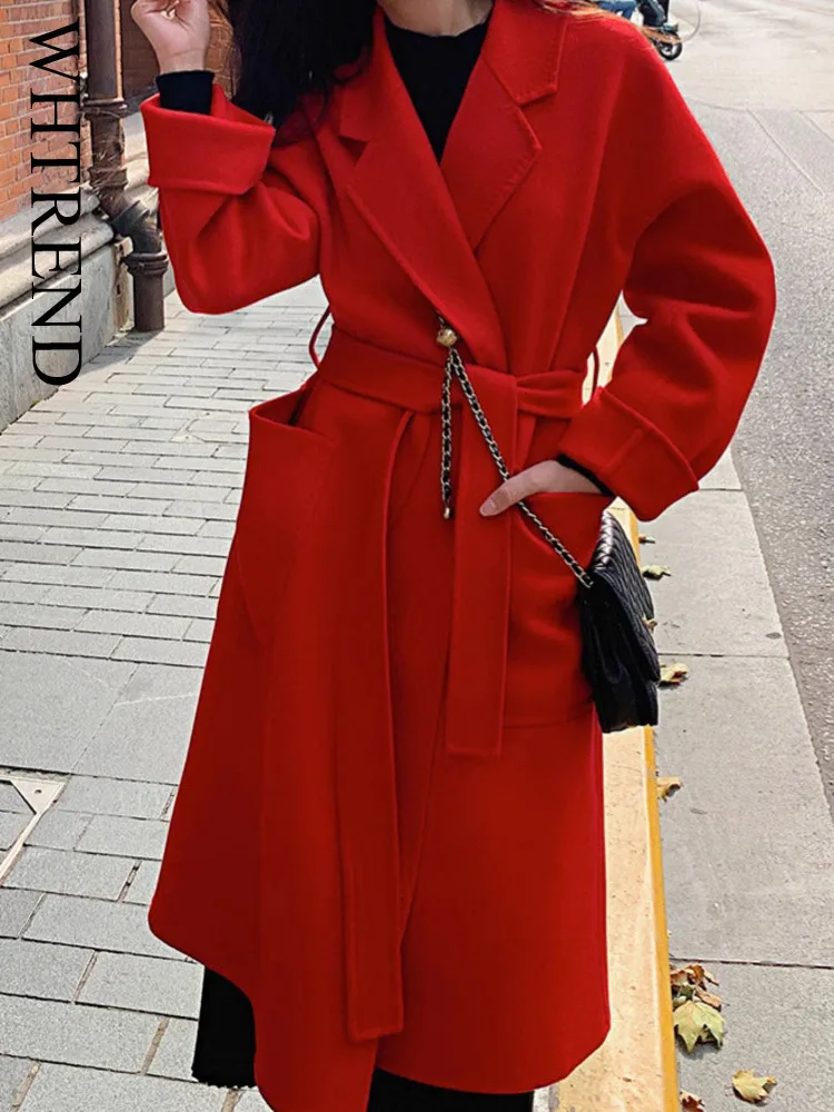 معاطف صوف من WHTREND للنساء على الطراز الكوري بجيب كبير وحزام صوف متوسط الطول معطف شتوي دافئ ملابس فاخرة WH1626 #1