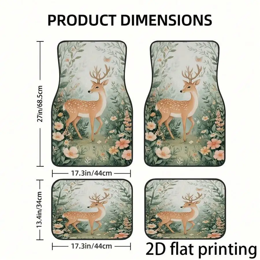

4-Piece Car Floor Mat Set With Deer Floral Print Universal Fit Durable Washable