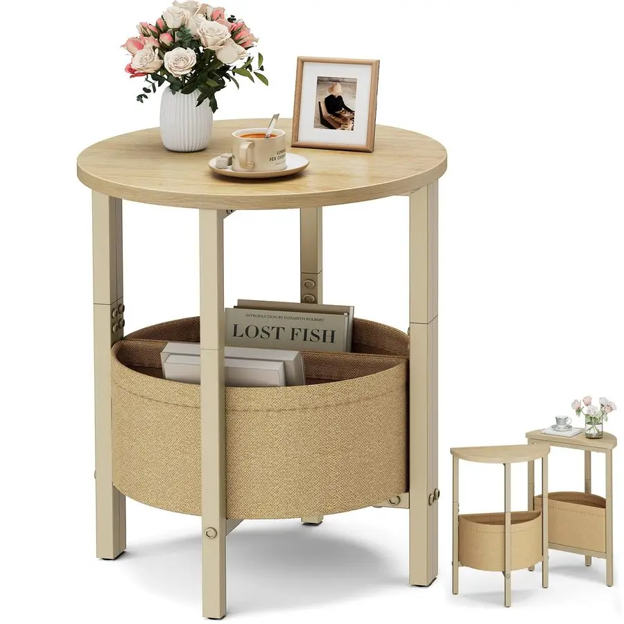 

Small Round Side Table End Table, Tall Accent Table with Storage Basket, Set of 2 Half Round Tables Half Moon Tables, Coffee Bed