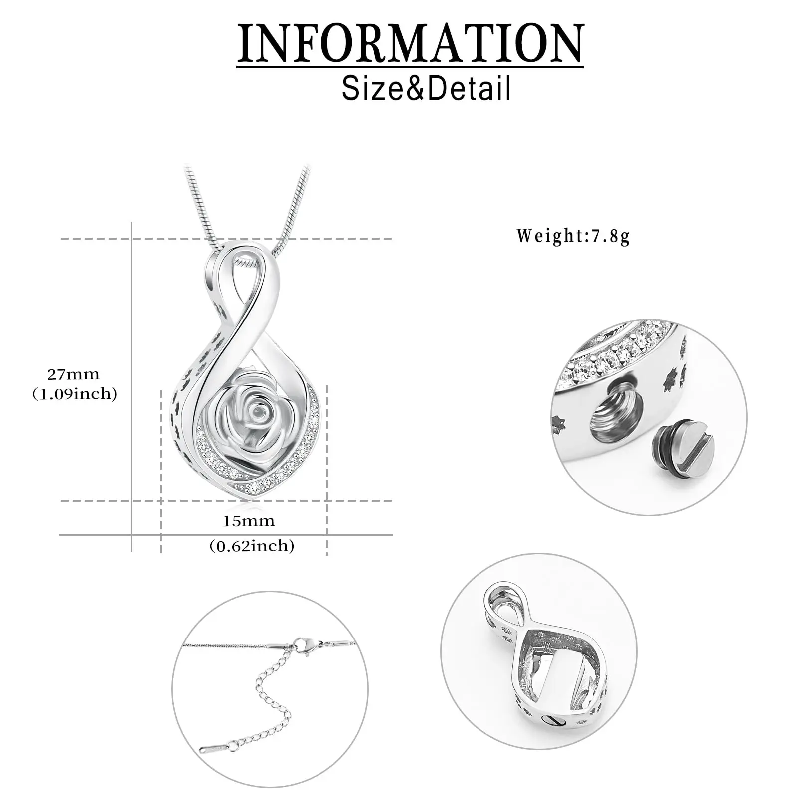 Infinity Rose Flower Urn Necklace for Ashes for Women Cremation Jewelry for Human Pet Ashes Keepsake Necklace