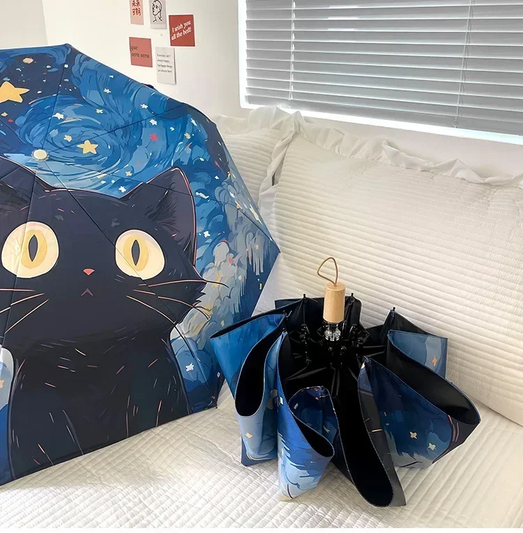 Blue Star Black Cat Umbrella Animal Cartoon Full Automatic Oil Painting Sun Folding Umbrella for Women Strong Sunshade Umbrella