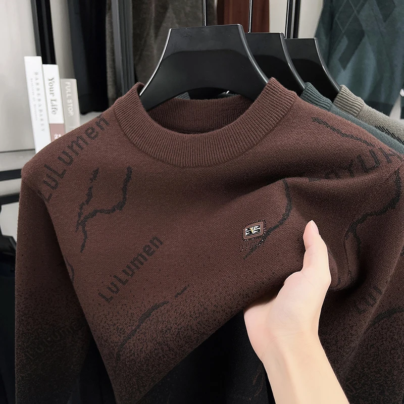 

2025 зима, новинка осени, повседневный мужской шерстяной свитер с круглым вырезом и длинными рукавами, модный свитер, мужской теплый вязаный топ с внутренней стороны