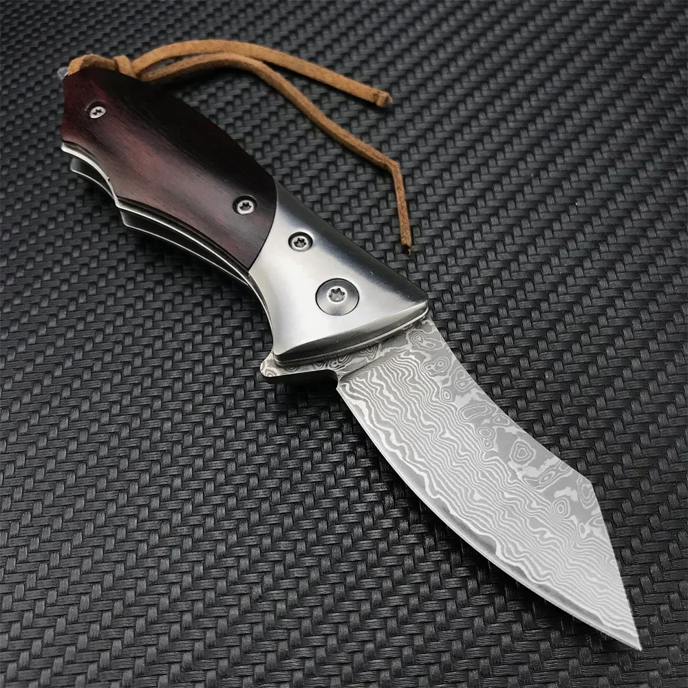 Damascus Steel Mini Pocket Folding Knife Wood Handle High Quality Tactical Knives Outdoor Camping Hunting Tool Collection Gifts