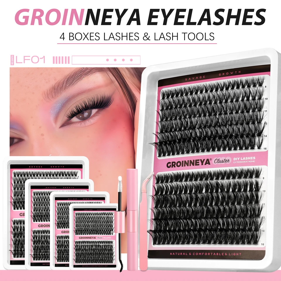 Kit de pestañas postizas DIY GROINNEYA, pestañas individuales de alta capacidad, mezcla de volumen en bandeja, set de 60P+80P para maquillaje 2