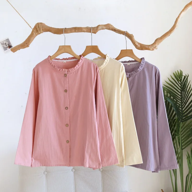 

Новая женская пижамная рубашка Весна/Лето 2026, 100% хлопок, с кружевным воротником, однотонная, с длинным рукавом, тонкая, для дома и сна