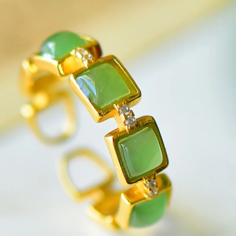 SGARIT Authentic Jadeite Hetian Jade S925 Silver 5*22mm Small Square Inlay Ring Unique Design Elegant Two Color Options for Gift