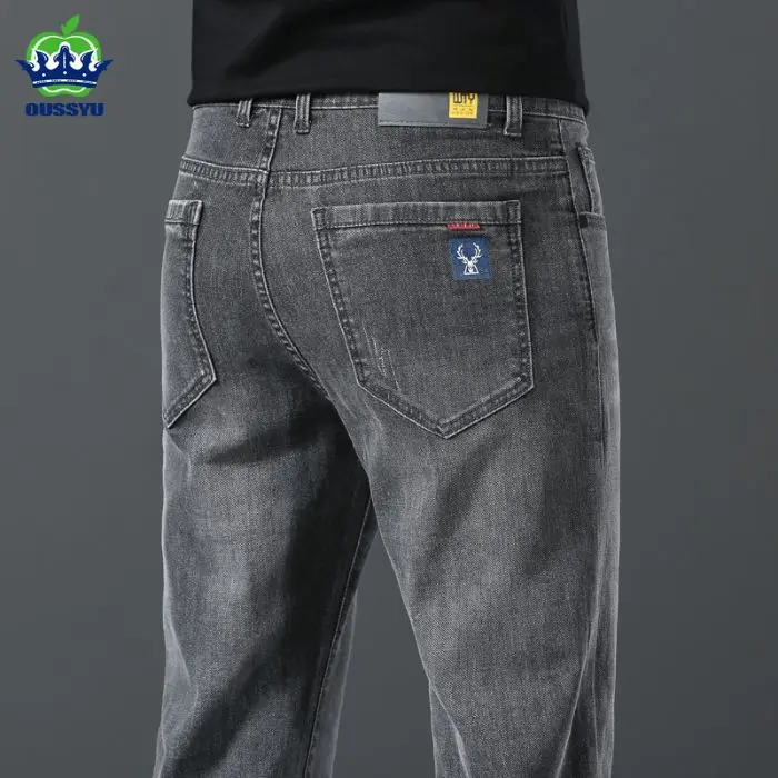 

High Quality Spring Summer Gray Men's Vintage Jeans Slim Comfortable Stretch Cotton Business Casual Trousers Streetwear Antler