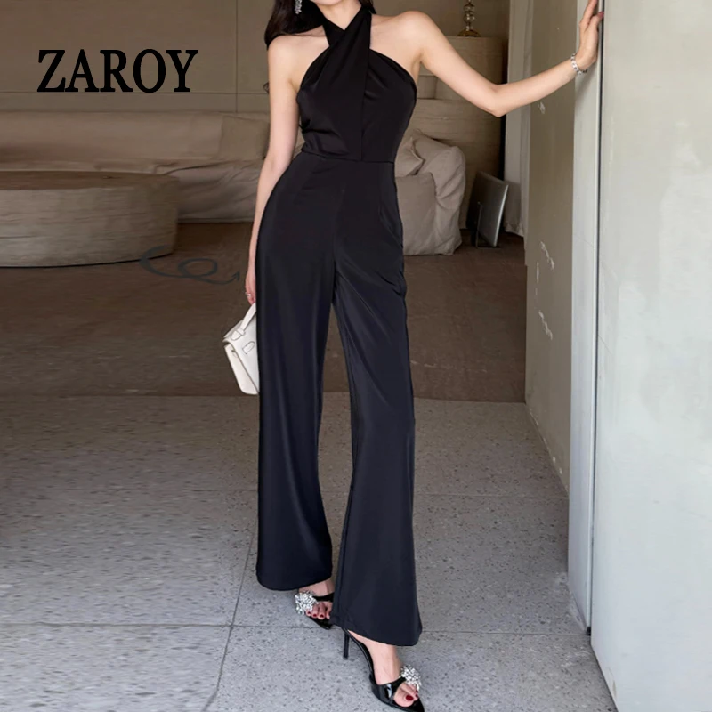 

ZAROY Women Jumpsuits Sexy Backless Halter Neck Jumpsuit Sleeveless Summer Elegant OL Wide Leg Trousers Jumpsuit Combinaison
