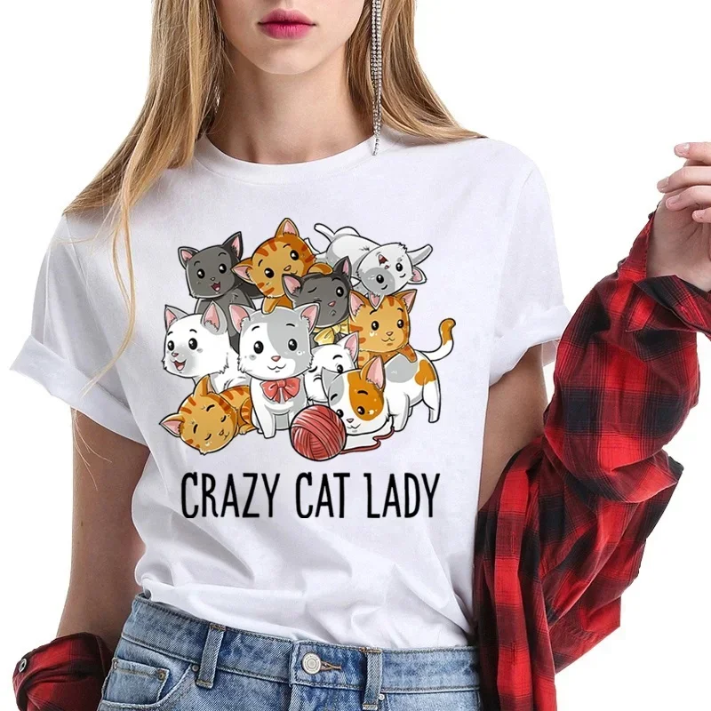 Cute Crazy Cat Lady Print T-shirts For Women Summer Lovely Short Sleeve Casual Round Neck T-shirts Ladies Creative tops