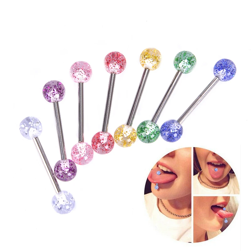 8PCS/lot Surgical Steel Glitter Tongue Piercing Ball Barbell Bar Tongue Ring Body Studs Piercing Jewelry Women Men Piercing