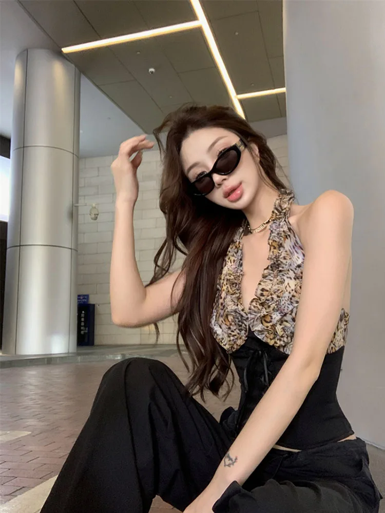 ليوبارد طباعة المرقعة الخامس الرقبة الرسن الأعلى المرأة الصيف سليم صالح بلا أكمام تصميم فتاة حار مثير النمط الأمريكي