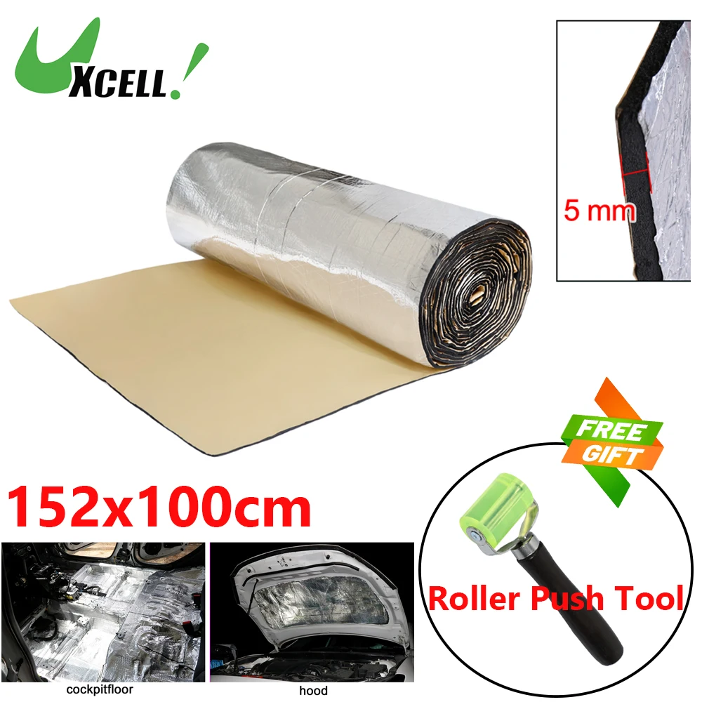 Uxcell 152x100cm Car Sound Deadener Mat 5mm Aluminium Coating Self-adhesive Heat Insulation Soundproofing With Roller Push Tool