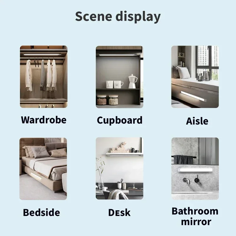 10-60 سنتيمتر محس حركة أضواء تحت الكابين اللاسلكية USB قابلة للشحن ضوء الليل 3 ألوان داخلي خزانة مصباح إضاءة غرفة النوم