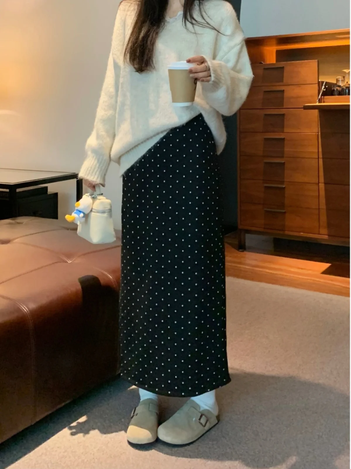

Bla Polka Dot Midi Skirt Women's plus Size Korean Sle Slimming Asymmetrical High Waist A-Line Commuter Sle Skirt
