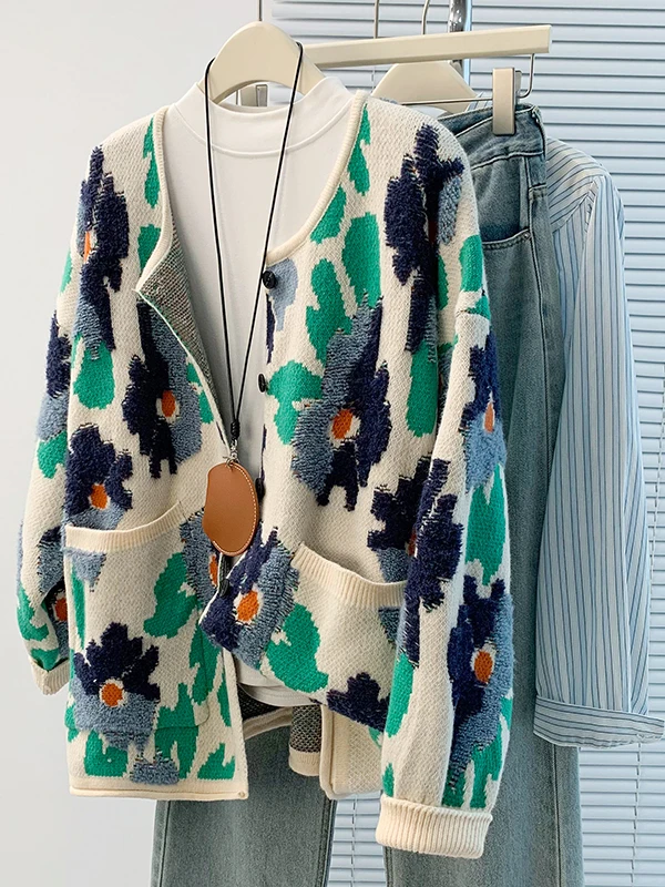 여성용 루즈 캐주얼 라운드 넥 스웨터 가디건 아우터웨어 가을 겨울 신상 플러스 사이즈 편안한 코트