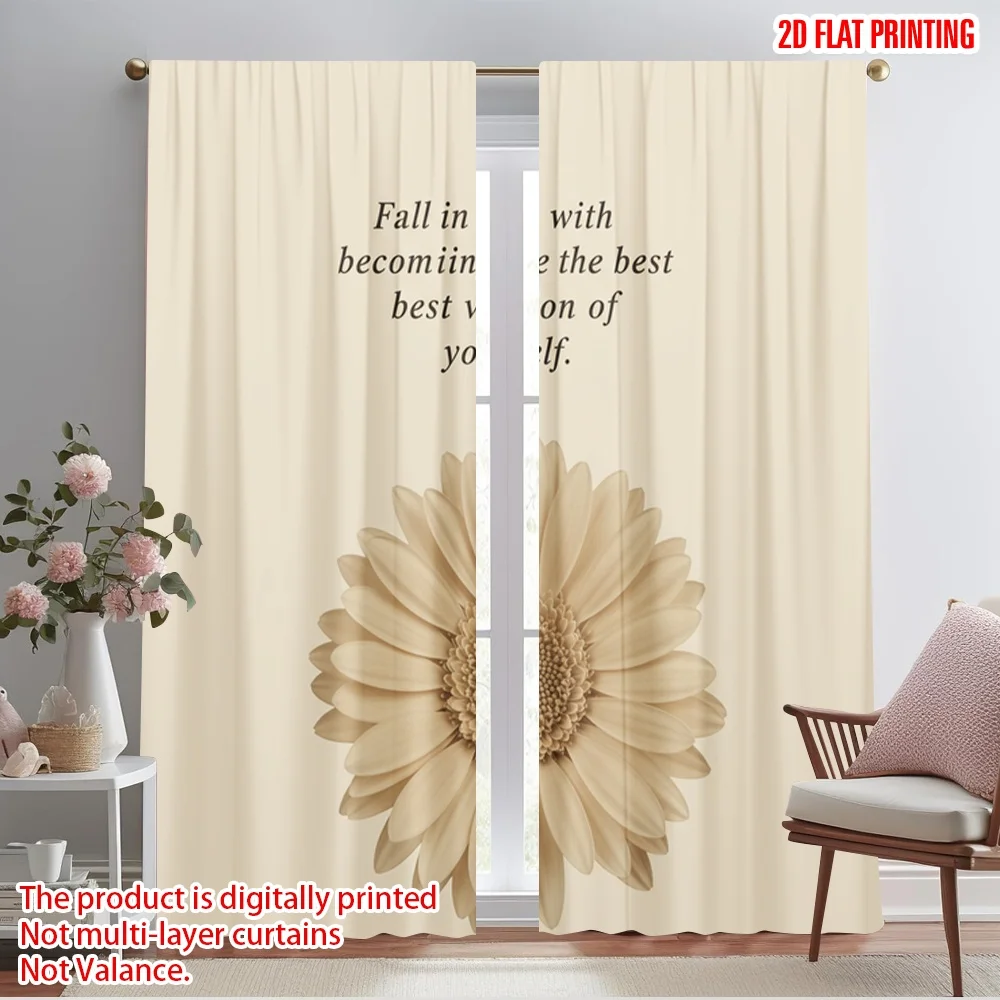 

2pcs 2D flat printing Window Curtains Beautiful Daisy Inspirational Quote 100% Polyester Fabric Without Electricity Holiday