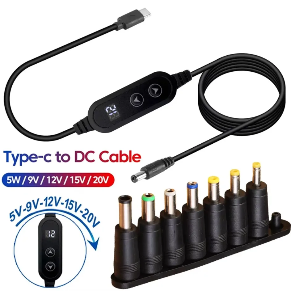 

Type C To DC Power Boost Cable Boost Line Type C Cable Adjustable Voltage 65W DC 5V/9V/12V/15V/20V Fast Charging For Wifi Router
