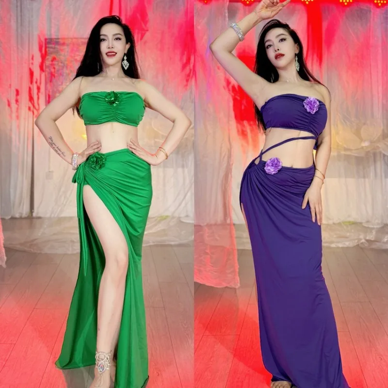 

Костюм для практики восточного танца живота, четырехцветный топ с маленьким цветком и платьем на шнурке