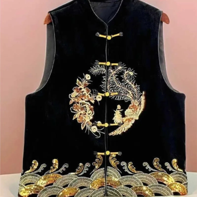 Chinese new vintage vest national style heavy industry embroidery plate coat