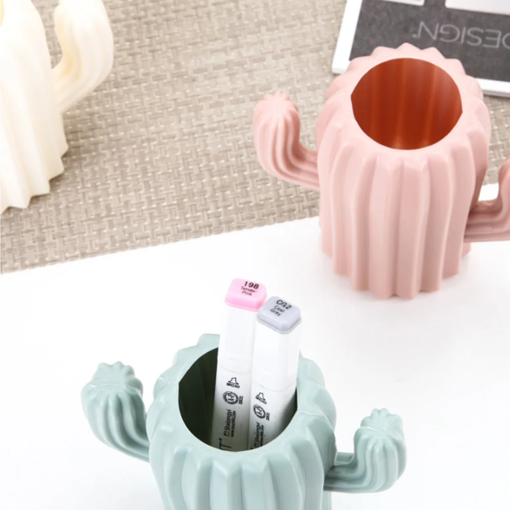 

Beige Resin Cactus Pen Holder Desktop Organizer Pencil Container School Office Stationery Bucket Plastic Pen Storage