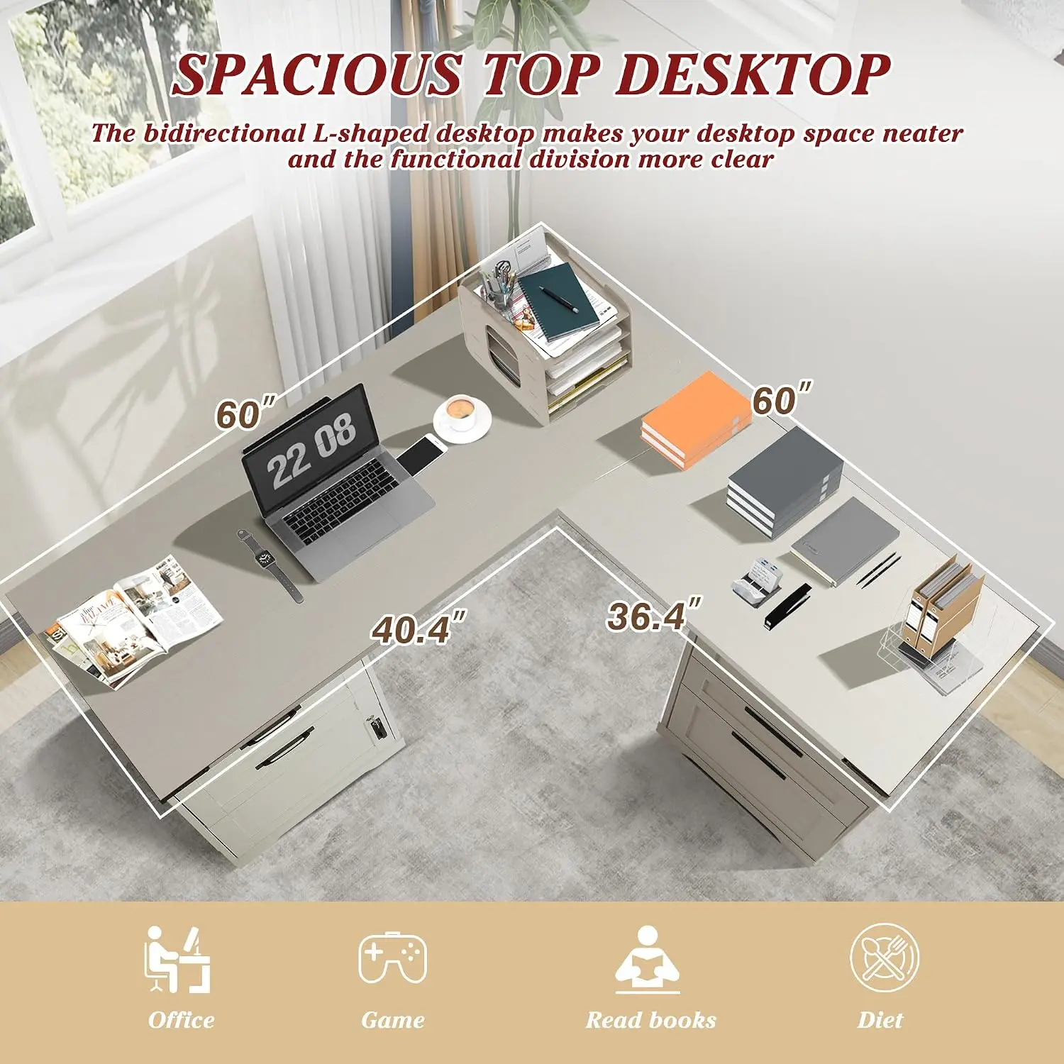 L Shaped Executive Desk with Drawers & USB Charging, Corner Computer Desk with Key Lock Filing Cabinet, Grey, Customized