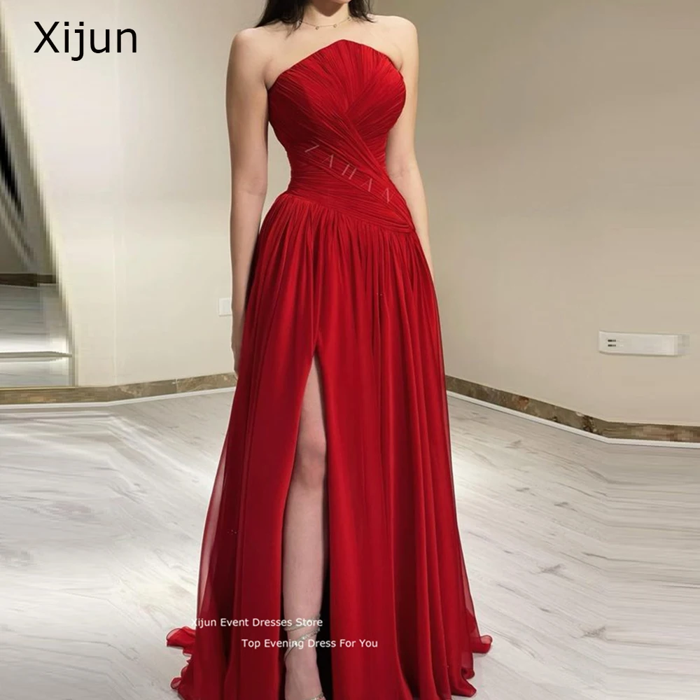 Xijun Red Chiffon Prom Dresses Sleevelesss Maxi Prom Gowns Formal Party Elegant Gowns SIde Slit Evening Dress For Women Long2023