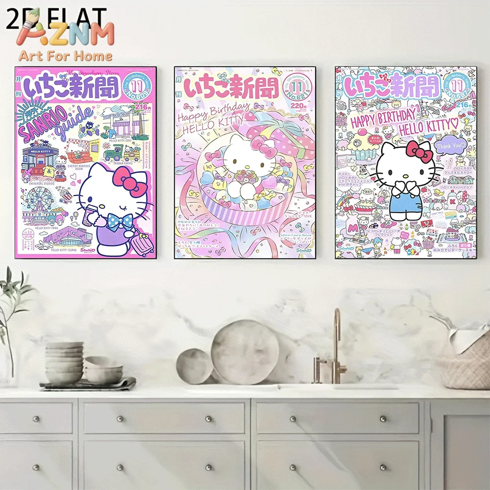 AZNM Sanrio Hello Kitty Canvas Wall Art Unframed Cute Cartoon Magazine Cover Amusement Park Birthday Theme Print Painting Girls