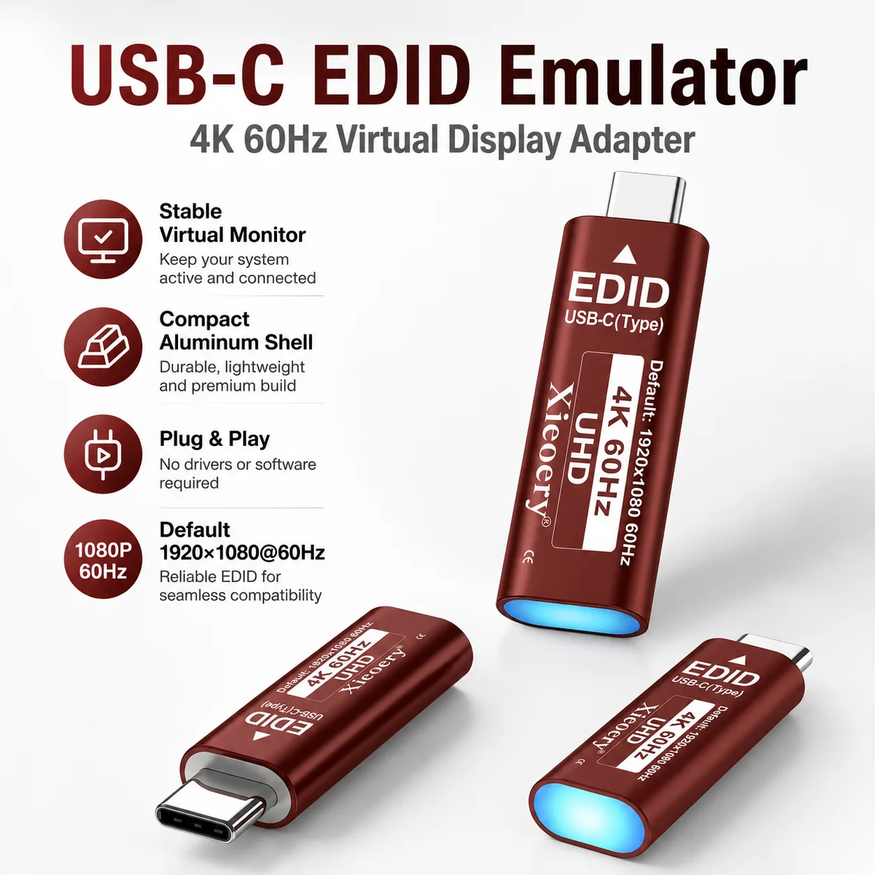 USB-C Dummy Plug EDID Emulator (1080p60Hz Default, 2K/4K Compatible) – Type-C Headless Ghost Display Adapter for Virtual Monitor