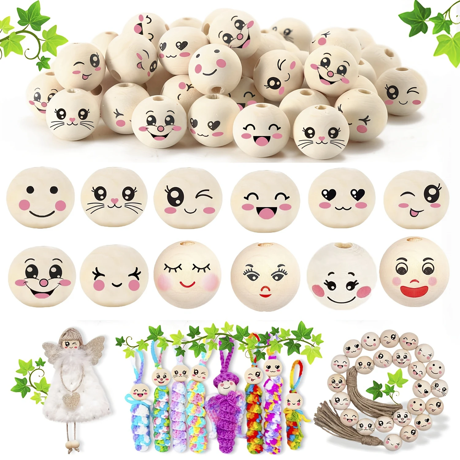 

120Pcs 12 Style Wooden Beads with Faces, Wooden Balls with Hole, Wood beads with Faces for Crafting, Round Beads 20mm/0.78inch